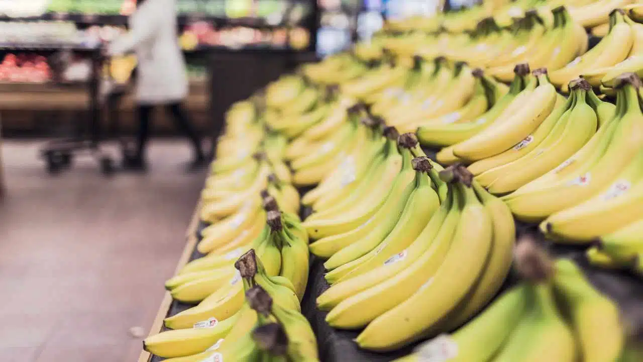 Bananen im Supermarkt. Viele Lebensmittel werden täglich weggeworfen. Too Good To Go möchte nun dem entgegen wirken.